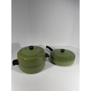 2 x Wear-Ever Registered Aluminum Green Enamel 5 QT Stock Pot +Fry Dia Pot +lids